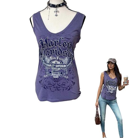 Y2K HARLEY DAVIDSON PURPLE GRAPHIC LOGO TANK TOP SMALL - Picture 1 of 8